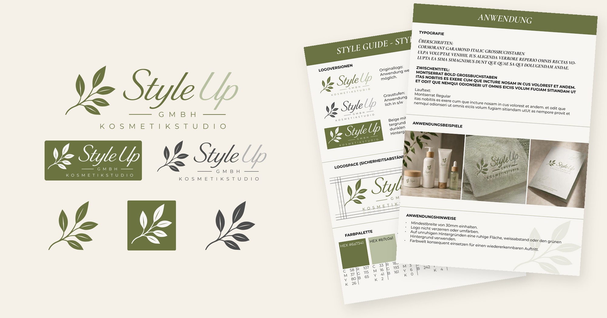 StyleUp GmbH Logo- und Icon-Varianten neben den Style-Guide-Seiten mit Farbpalette, Logospace und Typografie StyleUp GmbH Logo- und Icon-Varianten neben den Style-Guide-Seiten mit Farbpalette, Logospace und Typografie