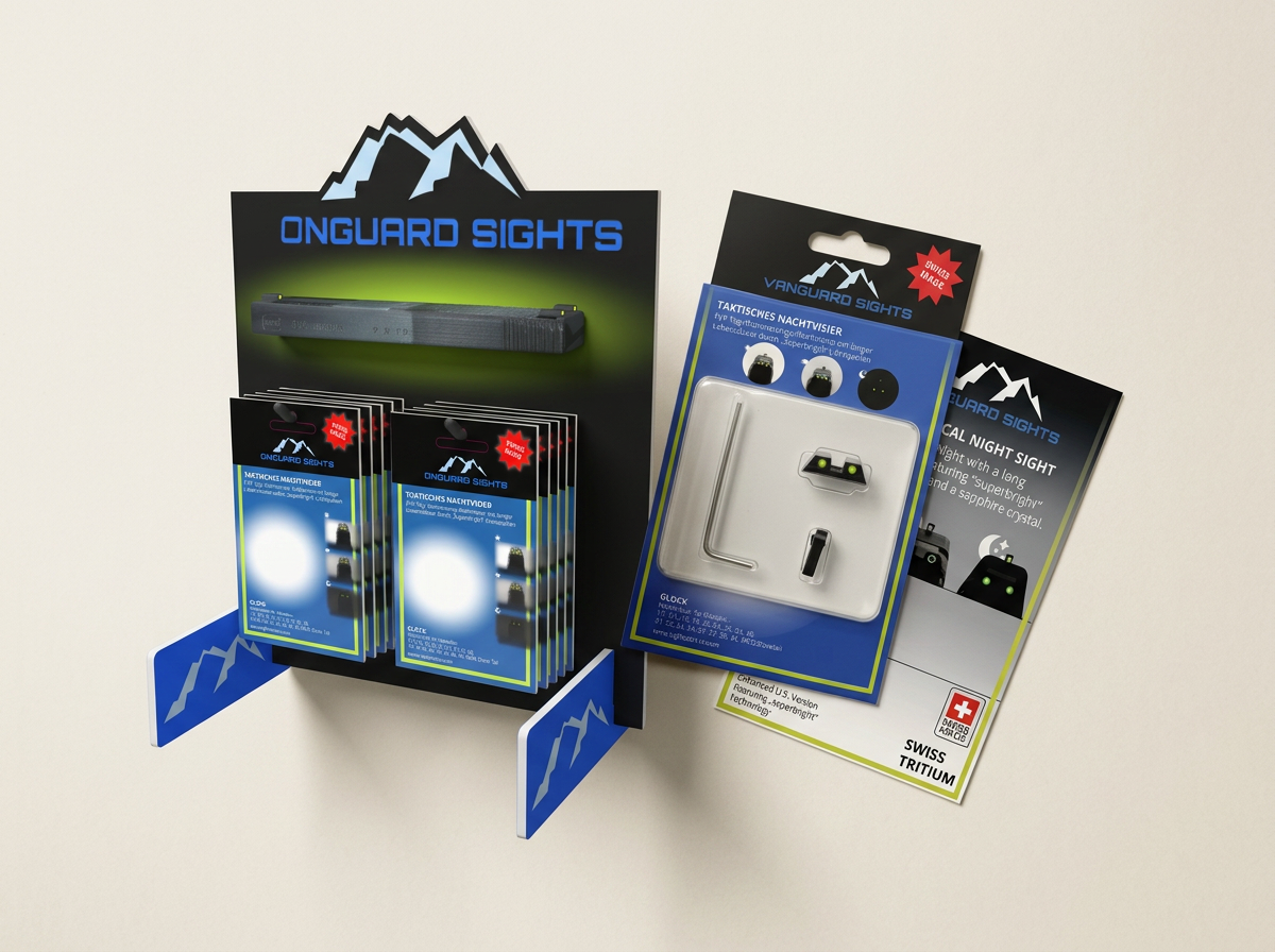 Onguard Sights Verpackungs-Mockup: Blister, POS-Tischdisplay und Anleitungskarte Onguard Sights Verpackungs-Mockup: Blister, POS-Tischdisplay und Anleitungskarte